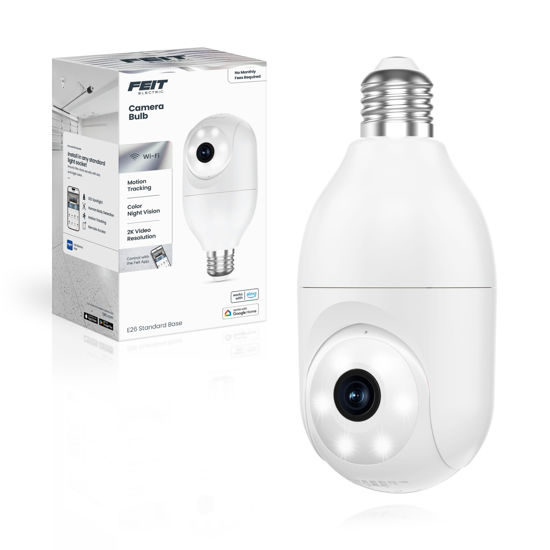 Picture of Feit Electric Smart Security Camera Bulb, 2K QHD Resolution, 2-Way Audio, Human Tracking, 350° Pan, Night Vision, Motion Alerts, E26 Base, Alexa/Google Assistant Compatible, CAM/PAN/WIFI/E26/2K