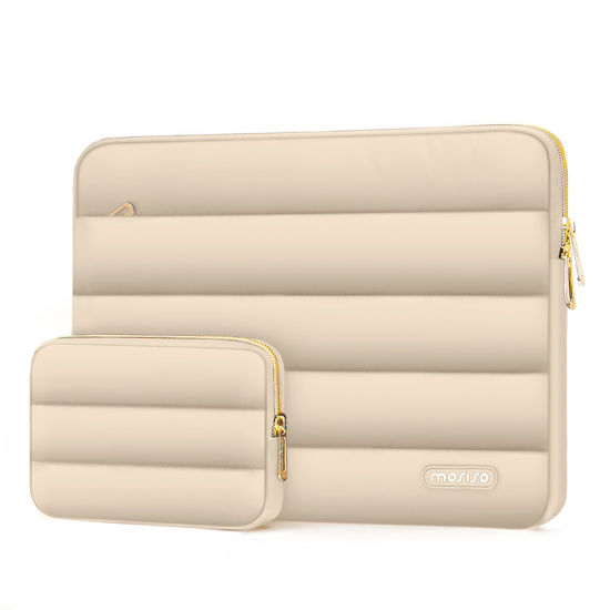Picture of MOSISO 13-14 inch Laptop Case, 13.3 inch Puffy Laptop Sleeve Compatible with MacBook Air 13 13.6 M3 M2 M1/Pro 13/Pro 14, HP, Dell, ASUS, Lenovo, Polyester Horizontal Bag with Small Case, Apricot