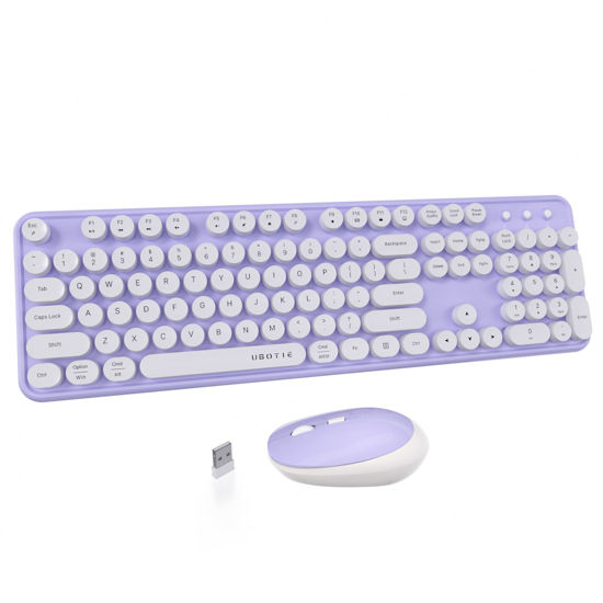 Picture of UBOTIE Colorful Computer Wireless Keyboards Mouse Combo, Typewriter Flexible Keys Office Full-Sized Keyboards, 2.4GHz Dropout-Free Connection and Optical Mouse (Purple-White)