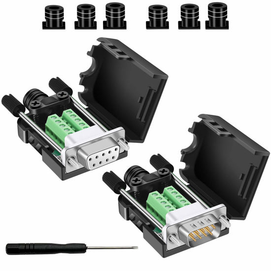 Picture of BIFALE DB9 Breakout Connector (3 Male+3 Female), DB9 Solderless Connector RS232 D-SUB Serial Adapters 16mm thinner 9 Pin Port Terminal Breakout Board with Case Long Bolts Tail Pipe