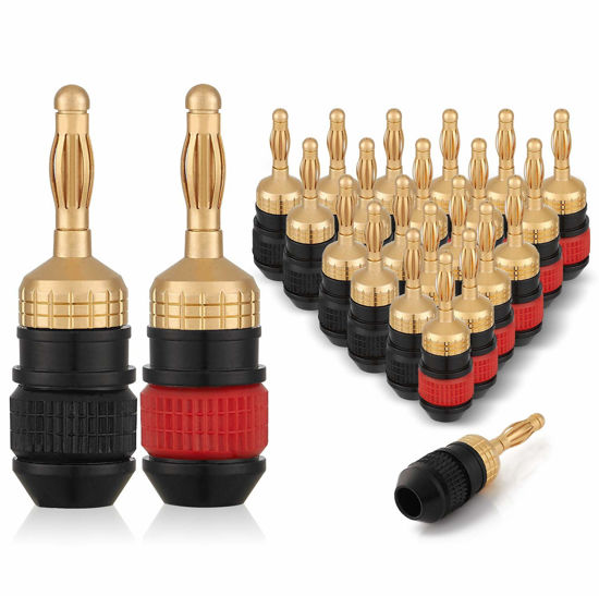 Picture of WGGE WG-008 24K Gold Safety Speaker Connector Banana Plugs for Speaker Wire, Wall Plate, Home Theater, Audio/Video Receiver, and Sound Systems ((12 Pairs (24 Plugs)))