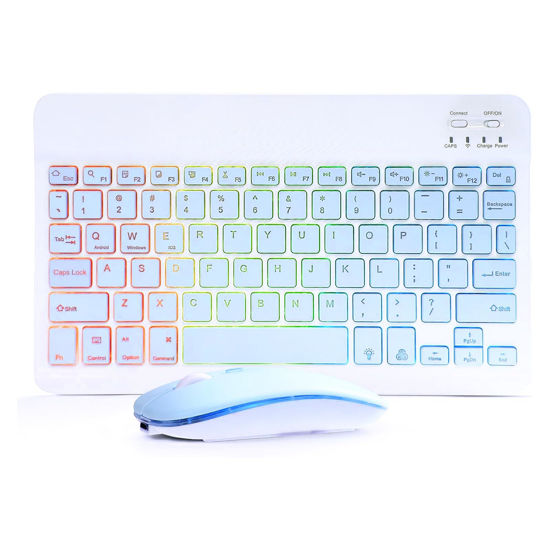 Picture of Ultra-Slim Bluetooth Keyboard and Mouse Portable Mini Wireless Keyboard Rechargeable 7-Color Backlit for Apple iPad iPhone Samsung Tablet iPhone Smartphone iOS Android Windows,(10 inch Blue)