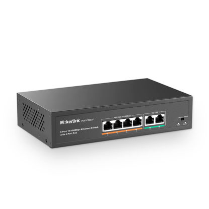 Picture of MokerLink 6 Port PoE Switch with 4 Ports PoE+, 2 Fast Ethernet Uplink, 10/100Mbps, 78W High Power, Support IEEE802.3af/at, Fanless Metal Plug & Play PoE+ Network Switch