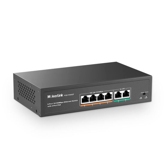 Picture of MokerLink 6 Port PoE Switch with 4 Ports PoE+, 2 Fast Ethernet Uplink, 10/100Mbps, 78W High Power, Support IEEE802.3af/at, Fanless Metal Plug & Play PoE+ Network Switch