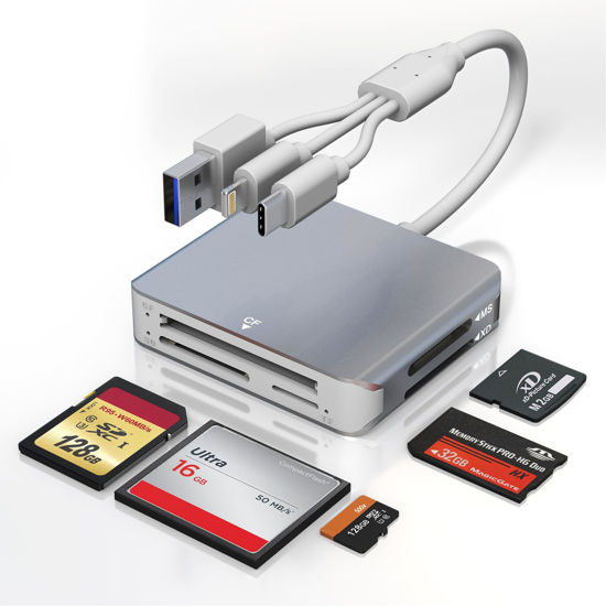 Picture of Memory Stick Pro Duo Adapter for iPhone - 5 in 1 SD/TF/MS/CF/XD Card Reader for PC/Android/Lightning Device, Aluminum Multi Memory Card Reader USB C Lightning OTG Compact Flash Card Reader