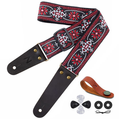 Picture of Nefelibata Guitar Strap, Embroidered Cotton Guitar Straps with Head Cowhide Leather Ends for Bass, Electric & Acoustic Guitars, Come with Free Strap Button, 2 Strap Locks and 4 Guitar Picks