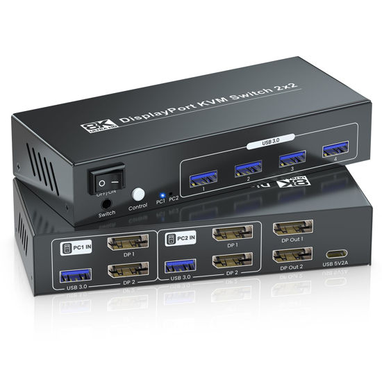 Picture of 8K@60Hz Dual Monitor Displayport KVM Switch 2 Monitors 2 Computers, USB 3.0 4K@120Hz DP KVM Switch for 2 PCs Share 2 Monitors and 4 Port USB 3.0 to Connect Keyboard, Mouse, Printer and More