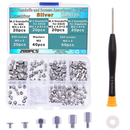Picture of Zmbroll 200Pcs M.2 SSD Mounting Screws Silver Laptop Screws m.2 Standoff and Screw M2 Motherboard Standoffs Notebook Computer Screw Set with Screwdriver for Asus Gigabyte MSI Motherboards