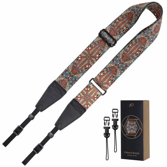 Picture of Padwa Lifestyle Adjustable Camera Strap - 2" Wide Top Layer Cowhide Head Camera Straps for Photographers, Vintage Adjustable Neck Shoulder & Crossbody Strap Quick Release fits All Cameras(Bohemia)