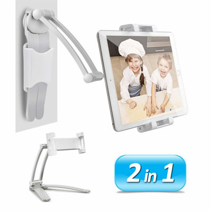 Picture of AYADA Kitchen Cabinet Tablet Holder, 2 in 1 Wall Mount Desktop Stand for ipad 12.9 Aluminum Alloy Metal Adjustable Multiangle Foldable Universal Phone Tablet Bracket Cooking Table Counter Top (Silver)