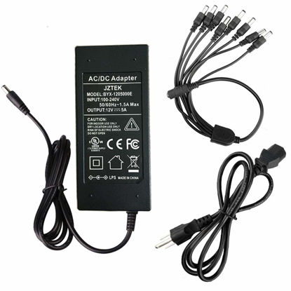 Picture of [UL Listed] JZTEK AC 100-240V to DC 12V 5A Switching Power Supply Adapter + DC Power Splitter Cable 1 Female to 8 Male Connectors for CCTV Camera/LED Strip Flexible Lights (12V 5A)