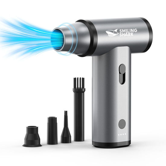 Picture of Smiling Shark Electric Air Duster, 130000 RPM Stepless Speed Cordless Compressed Air Duster Rechargeable Full Body Aluminum Alloy Tiny Air Blower for Keyborad/Computer/BBQ/Car/Camping - Silver Gray