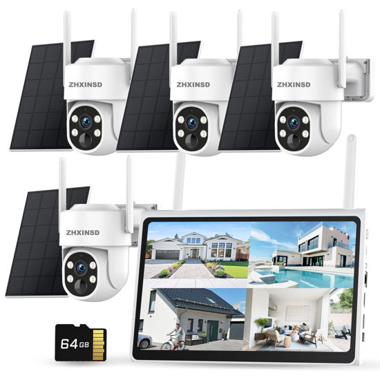 Picture of ZHXINSD Wireless Solar Security Camera System, 4MP Outdoor PTZ Home Surveillance Solar Powered with 10" Monitor, 10CH NVR, 360° Pan-Tilt Two-Way Audio Color Night Vision 64GB Storage No Subscription