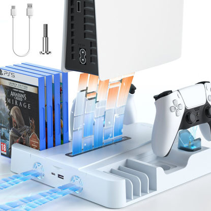 Picture of PS5 Pro Console Cooling Station Holder for PS5 Pro, PS5, PS5 Slim Digital Disc Cooler System Fan Stand with Dual Controller Fast Charging for Disc, Console/3 Level Fan/8 Game Slots/Charger Cord