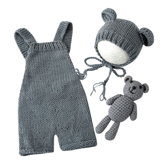 Picture of Vemonllas Newborn Photography Props Boys Girls Outfits Baby Photo Props Knit Bear Hat Romper Photoshoot Costume Set (Light Gray)