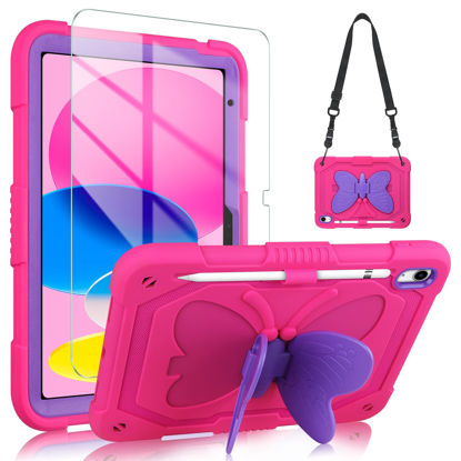 Picture of for iPad 10th Generation Case for Kids Girls, iPad 10th 2022 10.9 Case with Screen Protector Shoulder Strap Butterfly Wings Stand Pencil Holder, Rugged Cover for iPad 10th Gen 10.9'' (2022)-Rose Red