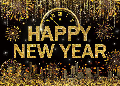 Picture of LYRYGS New Year Backdrop Happy New Year Backdrop Black Golden New Year Eve Photography Backdrop New Year Photo Backdrops New Year Party Banner Decor cp-562 7x5ft