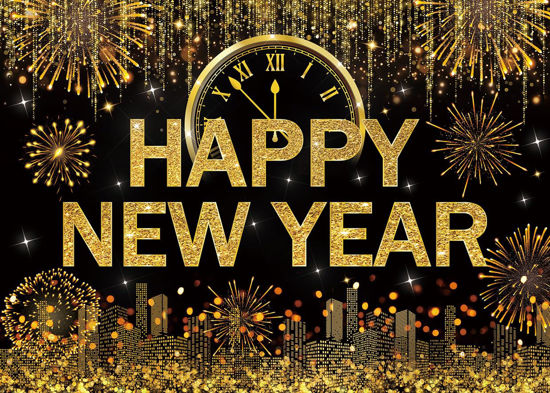 Picture of LYRYGS New Year Backdrop Happy New Year Backdrop Black Golden New Year Eve Photography Backdrop New Year Photo Backdrops New Year Party Banner Decor cp-562 7x5ft