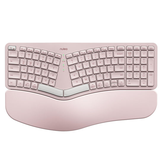 Picture of Nulea RT05B Wireless Ergonomic Keyboard, Split Keyboard with Cushioned Wrist Rest, Bluetooth and USB Connectivity, USB-C Rechargeable Pink Grey