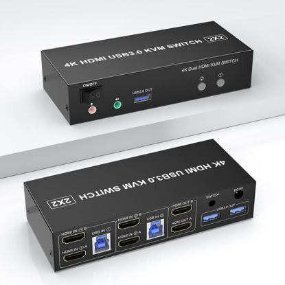 Picture of USB 3.0 HDMI Dual Monitor KVM Switch 2 Port, 4K@60Hz HDMI KVM Switch for 2 Computers Share 2 Monitors and 3 USB 3.0 Ports, Audio Microphone Output, Wired Remote and 2 USB 3.0 Cables Included