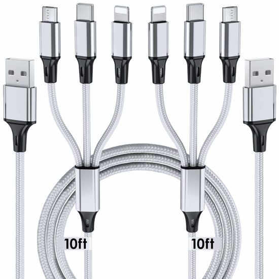 Picture of Multi Charging Cable, 10ft 2Pack Multi Phone Charger Cable Braided Universal 3 in 1 Charging Cord Extra Long Multiple USB Cable with USB C, Micro USB Port Connectors for Cell Phones and More