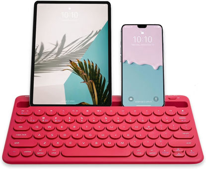 Picture of Macally Wireless Keyboard for Tablet and Phone - Multi Device Bluetooth Keyboard for iPad Mini/Pro, Android, iPhone, Smartphone - Rechargeable Small Keyboard with Built in Stand and Quiet Keys