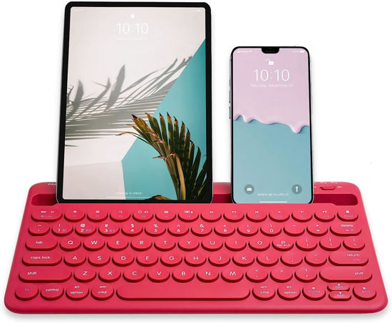 Picture of Macally Wireless Keyboard for Tablet and Phone - Multi Device Bluetooth Keyboard for iPad Mini/Pro, Android, iPhone, Smartphone - Rechargeable Small Keyboard with Built in Stand and Quiet Keys