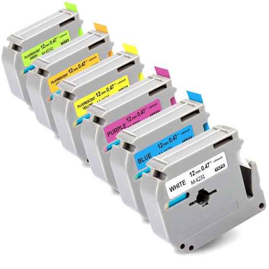 Picture of Labelwell 6-Pack Fluorescent Color Label Tape Replacement for Brother M 12mm 0.47 Tape Refills for P Touch PT-45 PT-65 PT-70 PT-80 PT-M95, Black on White/Blue/Purple+Fluorescent Yellow/Orange/Green