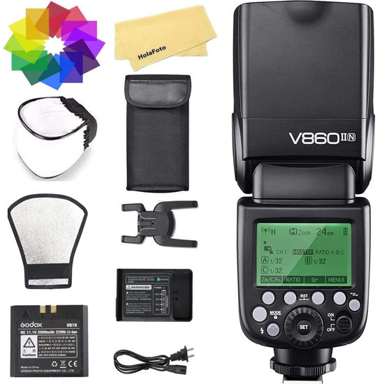 Picture of Godox V860II-N Camera Flash for Nikon Flash Speedlite Speedlight Light,2.4G HSS 1/8000s,650 Full-Power Flashes,11.1V/2000mAh Li-ion Battery,1.5s Recycle Time+12 Color Filters+Diffuser+Refletor