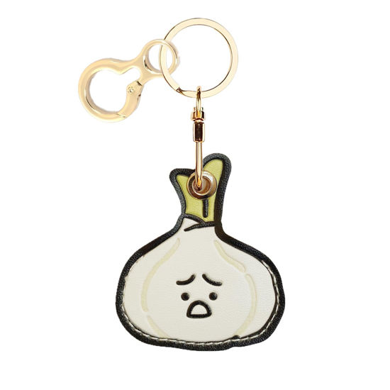 Picture of BORKUANA Leather Keychain Holder Case Compatible with Apple AirTag, Cute Protective Air Tag Cover with Keychain Ring, Anti-Scratch Finder GPS Tracker Case for Wallet Keys(Garlic)