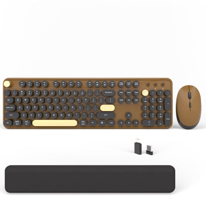 Picture of Wireless Computer Keyboards Mouse Combos, COVEVA Colorful Typewriter Retro Keyboard with Round Keycaps, USB Keyboard and Mouse Set 2.4GHz Full-Size Wireless Keyboard and Optical Mouse（Black-Coffee）