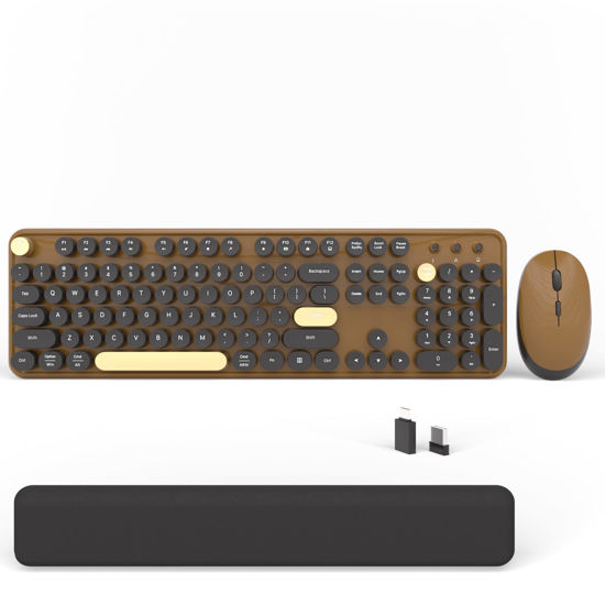 Picture of Wireless Computer Keyboards Mouse Combos, COVEVA Colorful Typewriter Retro Keyboard with Round Keycaps, USB Keyboard and Mouse Set 2.4GHz Full-Size Wireless Keyboard and Optical Mouse（Black-Coffee）