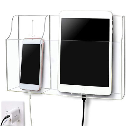 Picture of Pansyling Clear Wall Tablet Holder Acrylic Wall Mounted Phone Holder for iPad Wall Mount Holder, Remote Control Holder Laptop Stand for eReader Wall Storage Caddy with Charging Holes for Kindle iPhone