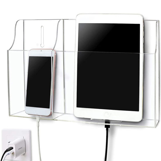 Picture of Pansyling Clear Wall Tablet Holder Acrylic Wall Mounted Phone Holder for iPad Wall Mount Holder, Remote Control Holder Laptop Stand for eReader Wall Storage Caddy with Charging Holes for Kindle iPhone