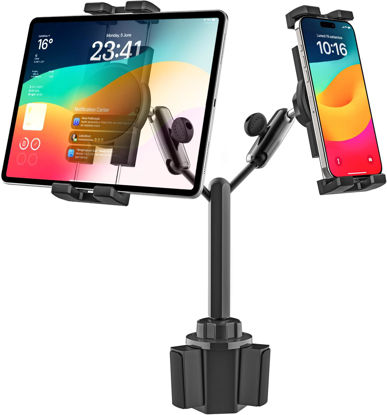Picture of GDZN Dual Tablet Holder for Car Cup Holder - Heavy Duty [Double Metal Arm] Truck Tablet Cup Holder for iPad Pro 12.9, Galaxy Tab, Fire, 4.7-13" Tablets and Phones