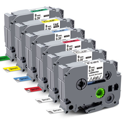 Picture of RAEMALL P Touch Label Tape 9mm 0.35 Inch Replacement for TZe-221 TZe121 TZe 421 521 621 721 Work for P Touch Label Maker PT-D210 H110 D600 (Black on White/Clear/Red/Blue/Yellow/Green), 6 Pack