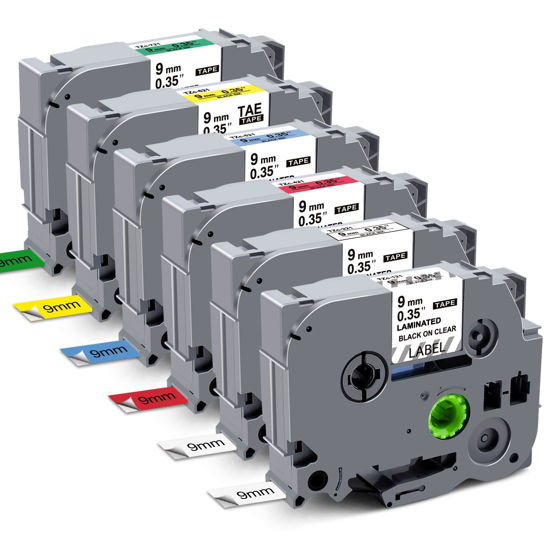 Picture of RAEMALL P Touch Label Tape 9mm 0.35 Inch Replacement for TZe-221 TZe121 TZe 421 521 621 721 Work for P Touch Label Maker PT-D210 H110 D600 (Black on White/Clear/Red/Blue/Yellow/Green), 6 Pack