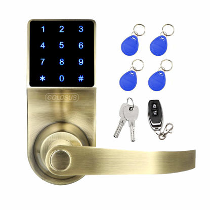 Picture of COLOSUS NDL319 Electronic Trusted Digital Keyless Door Lock for Home & Office Security, Touchscreen - 50 User Codes + 4 Key Fobs + 1 Remote + 2 Keys (Gold) …
