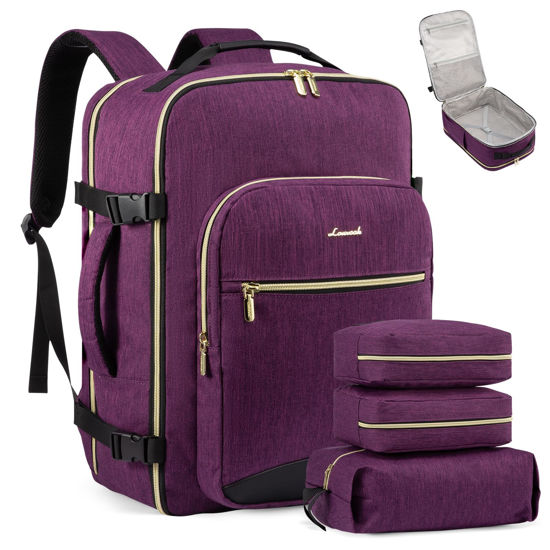 Picture of LOVEVOOK Large Travel Laptop Backpack Women, 40L Flight Approved Carry on Backpack Waterproof 17inch Luggage Daypack Business Weekender Overnight Backpacks Bag with 3 Packing Cubes, Dark purple-Black