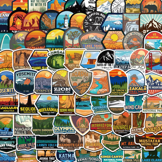 Picture of 156 Pcs National Parks Sticker Pack, Outdoor Nature Camping Hiking Inspired Waterproof Vinyl Decals for Water Bottles Laptop Car, Travel Adventure Partks Sticker