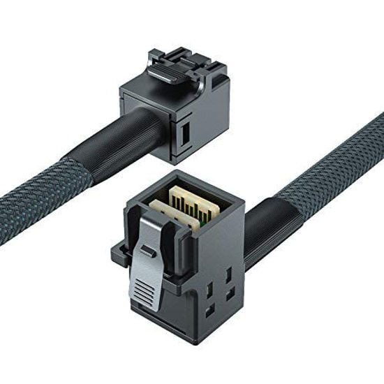 Picture of H!Fiber.com 12G Internal Mini SAS HD SFF-8643 to SFF-8643 Cable, Straight to Right Angle, 0.5m, 36 Pin, with Sideband, 100 Ohm, Support RAID, PCIE Controller, Flexible, 0.5-Meter(1.6ft)