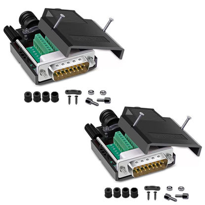 Picture of Jienk 2Pcs DB15 Solderless Male RS232 D-SUB Serial Adapters, 16mm thinner 15 Pin Port Terminal Solderfree Breakout Board Connector with Case Accessories