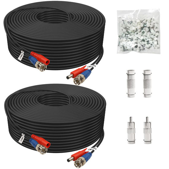 Picture of BNC Cable 200ft 2 Pack Aimyzii BNC Video Power Cable,Security Camera Cable for CCTV Camera DVR Security Systems(Included 4X BNC Adapters,50 Pcs Cable Clips)-Black