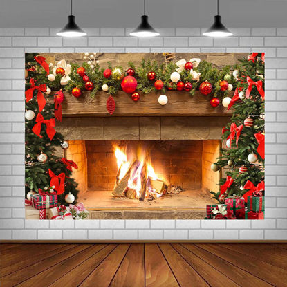 Picture of Lofaris Christmas Fireplace Backdrop Winter Xmas Tree Colorful Festive Decorations Brick Backgrounds Interior Vintage Merry Christmas Eve Party Banner Decorations 5x3ft