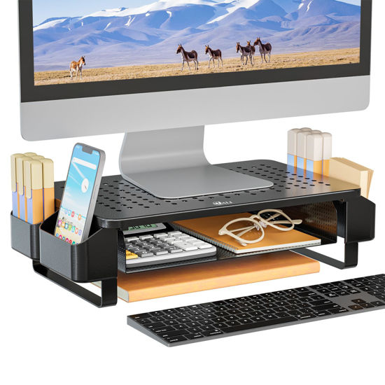 Picture of WALI Monitor Stand with Storage, Monitor Stand Riser with Ventilation Drawer and Side Storage, Laptop Stand Riser for Desk, Printer Stand, Desk Organizer for Monitor(STT007), Black