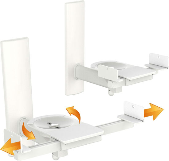 Picture of FDM Universal Speaker Wall Mount One Pair of Side Clamping Bookshelf Speaker Mount Bracket with Swivel and Tilt for Sound Speakers (White)