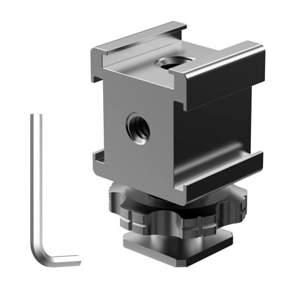 Picture of Camera Cold Shoe Mount Adapter, Aluminium Alloy Triple Hot Shoe Extension Bracket Holder for GoPro DSLR Cameras Flash Light, Monitor, Microphone