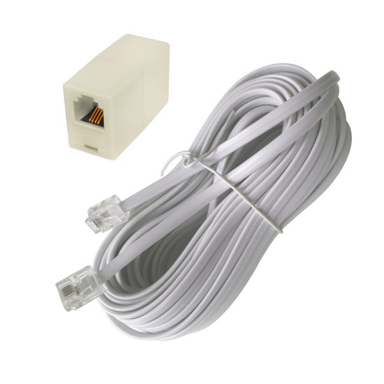 Picture of GIEHOUGRIO 33 Feet Long Telephone Extension Cord, Phone Cord ，Telephone Cable with Standard RJ-11 6P4C Plug and 1 in-Line Coupler-White