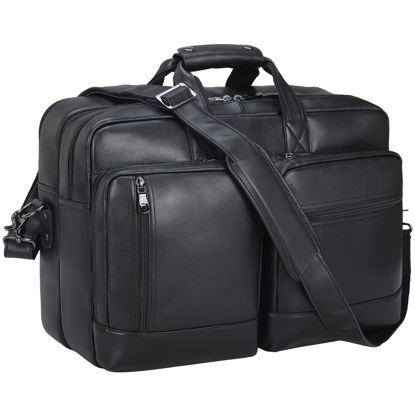 Picture of Masa Kawa Black Leather Briefcase Messenger Bag Men Expandable 17 Inch Laptop Business Travel Duffel Crossbody Shoulder Weekender Overnight Bags,Large