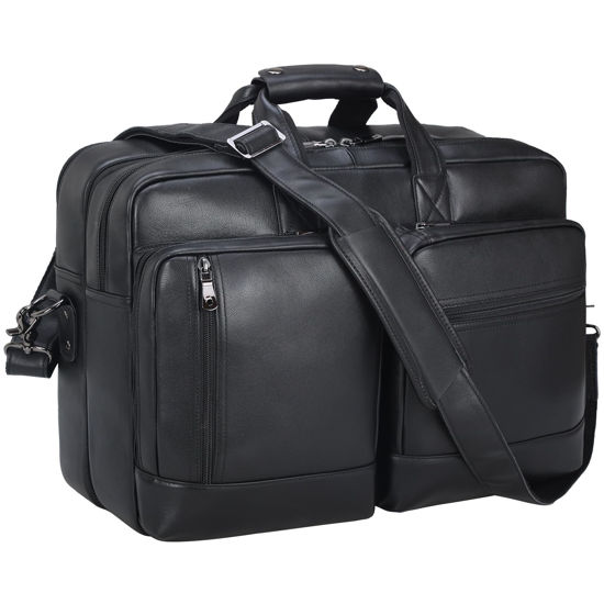 Picture of Masa Kawa Black Leather Briefcase Messenger Bag Men Expandable 17 Inch Laptop Business Travel Duffel Crossbody Shoulder Weekender Overnight Bags,Large